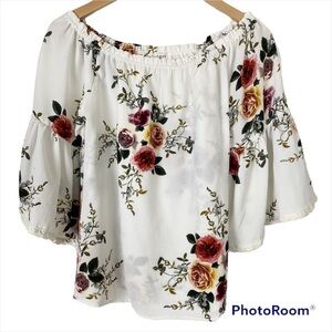 UMGEE Off-Shoulder White Floral Bell Sleeve Lace Crochet Trim Top Blouse Small